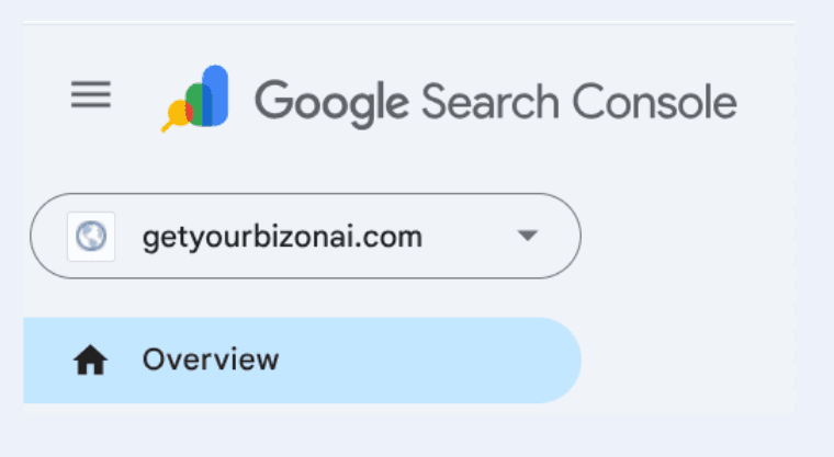 Google Search Console showing the domain dropdown for getyourbizonai.com